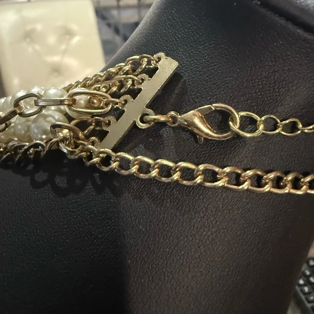 Multi-Strand Gold-Tone Faux Pearl and Chain Layered Necklace